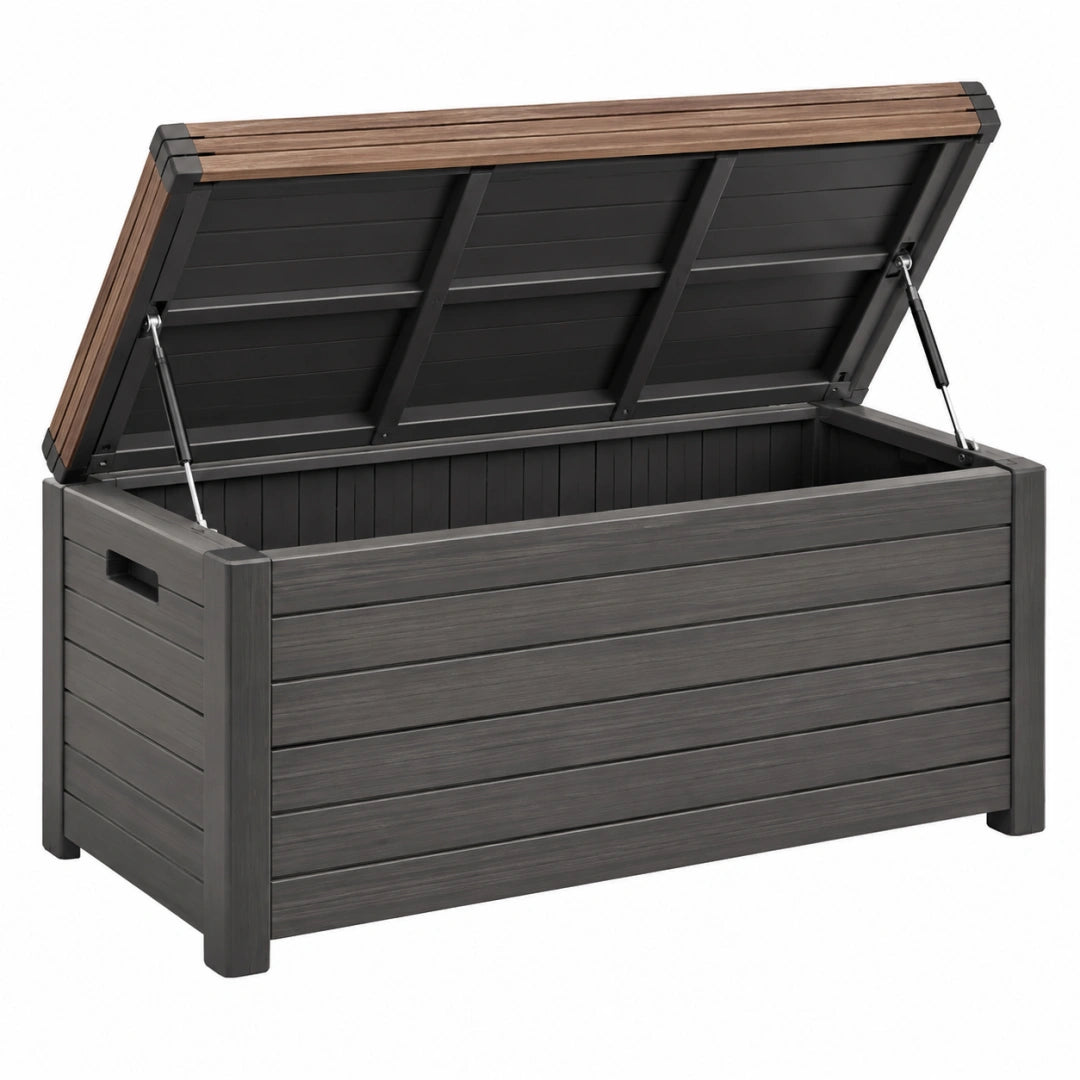 Garten-Aufbewahrungsbox 120 x 60 x 63 cm aus Kunststoff Anthrazit Braun mit Klappdeckel