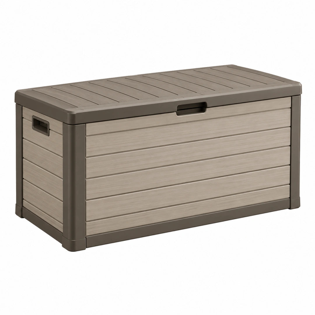 Aufbewahrungsbox 120 x 65 x 60 cm Kunststoff Taupe für Garten mit Klappdeckel